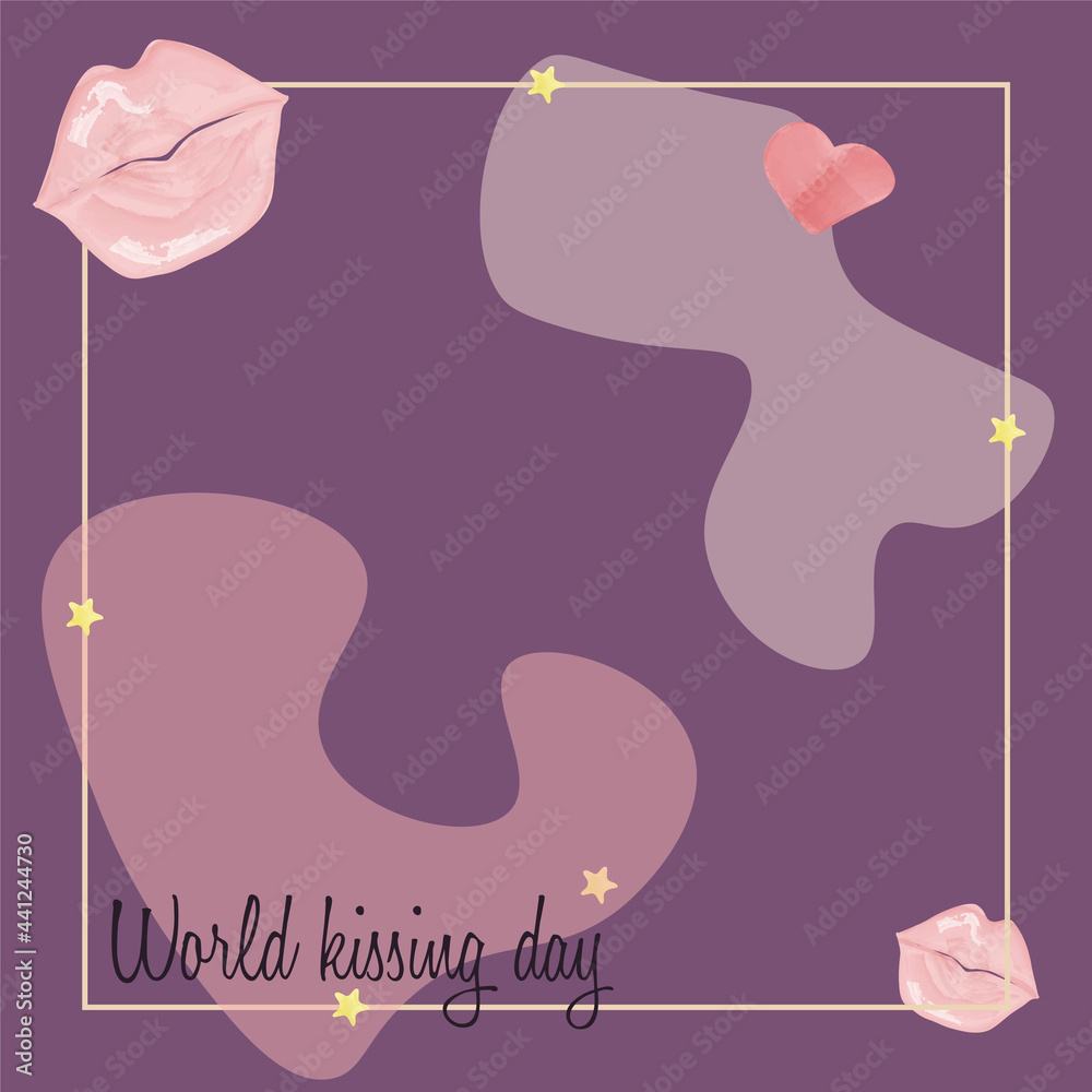 World kissing day. Heart, Stars, Kiss. Frame on a purple background. Template, flyer.