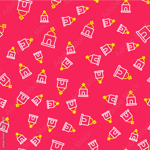Line Old crypt icon isolated seamless pattern on red background. Cemetery symbol. Ossuary or crypt for burial of deceased. Vector