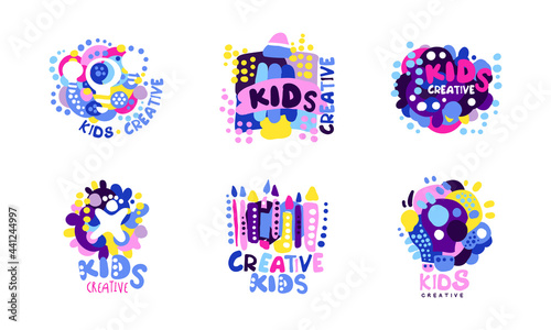 Kids Creative Logo Design Set, Children Creative, Science Class Colorful Labels Cartoon Vector Illustration
