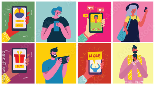 Young people man and woman using technology gadget smartphone mobile phone tablet pc laptop computer in social network communication concept flat design cartoon style with copyspace