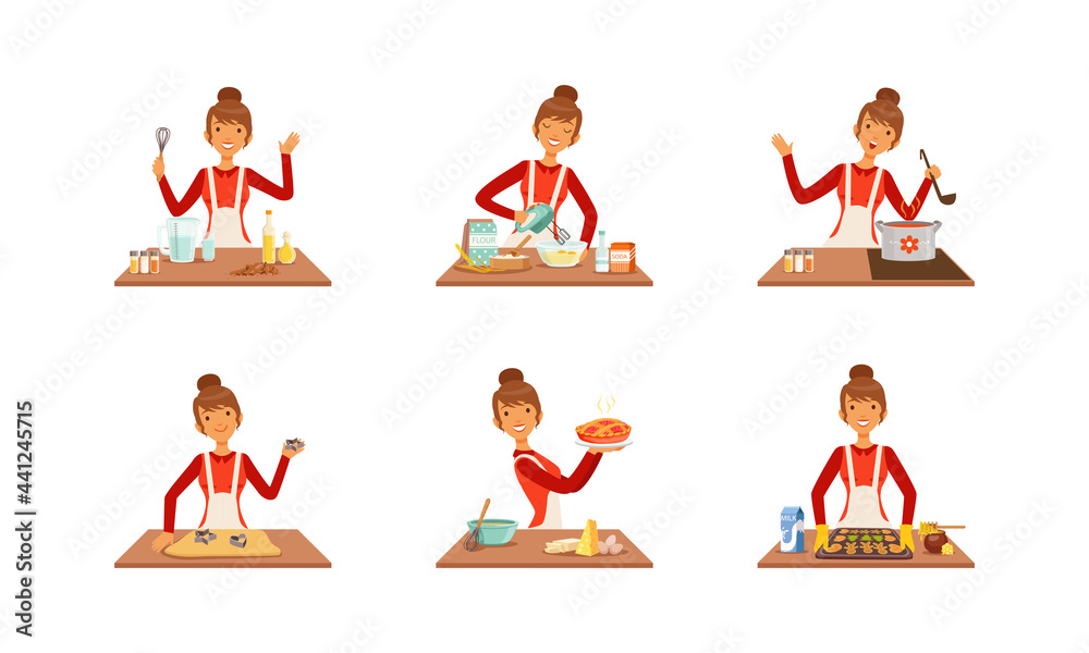 Smiling Woman Cooking at Kitchen Table Set, Cheerful Girl Preparing Food and Baking Cartoon Vector Illustration