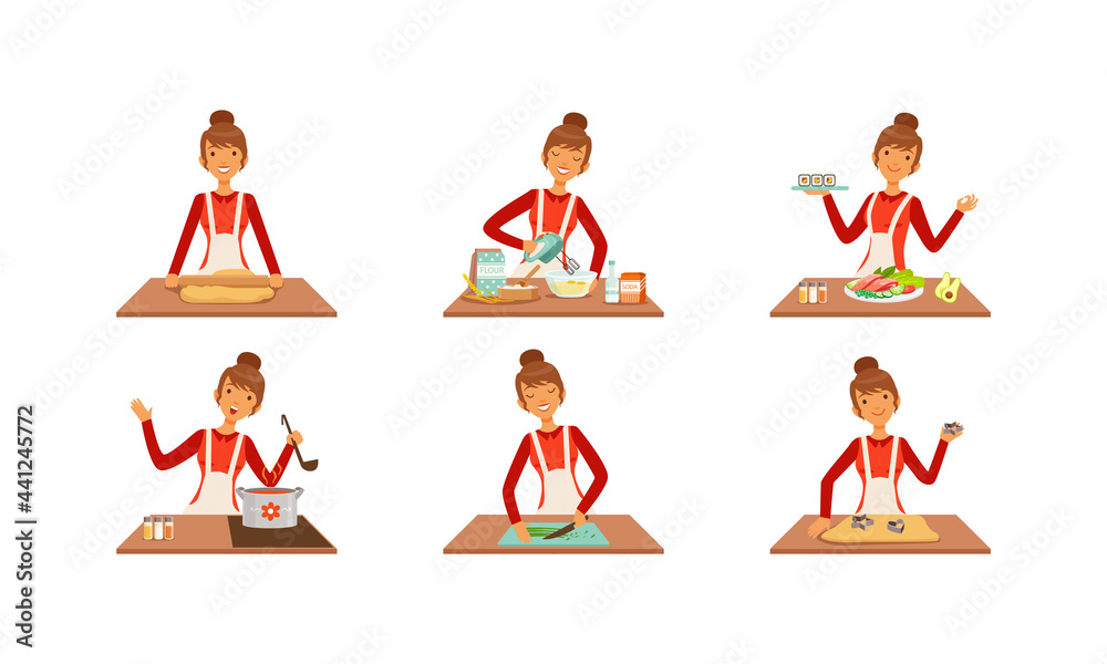 Young Woman Cooking and Baking at Kitchen Table Set, Cheerful Girl Preparing Food Cartoon Vector Illustration Young Woman Cooking and Baking at Kitchen Table Set, Cheerful Girl Preparing Food Cartoon Vector Illustration