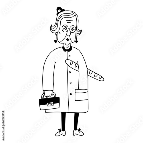 Fashionable modern dressed old lady with small hat, earrings and lipstick holiding baguette bread. Doodle black hand drawn vector illustration.