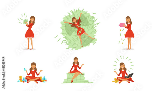 Happy Successful Young Woman Millionaire Enjoying her Money Set, Happy Wealthy Girl with Bundles of Money Cartoon Vector Illustration