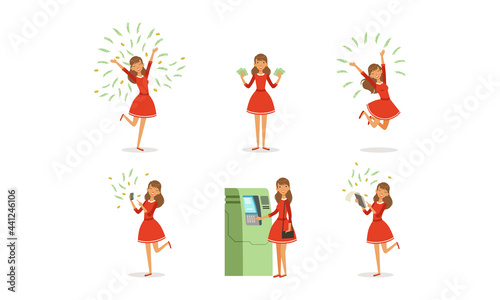 Happy Successful Young Woman Millionaire with Lot of Money Set, Happy Wealthy Girl with Money Flying around Her Cartoon Vector Illustration