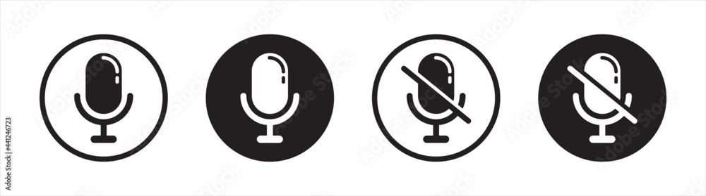 Microphone audio sound icon symbol flat design vector. Mute and unmute audio microphone flat vector icons for video apps and websites. Microphone audio sound icon symbol flat design vector. Mute and unmute audio microphone flat vector icons for video apps and websites.