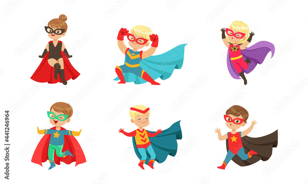 Kid Superheroes Set, Happy Little Boys and Girls Wearing Comics Costumes and Masks Cartoon Vector Illustration