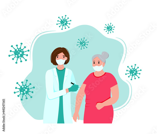 The grandmother is being vaccinated against the coronavirus. Coronavirus vaccine. Doctor with a syringe. Vector illustration.
