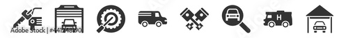 filled set of mechanicons icons. glyph vector icons such as car key  car in a garage  changing wheels tool  van side view  pistons cross  car inside a garage. vector illustration.