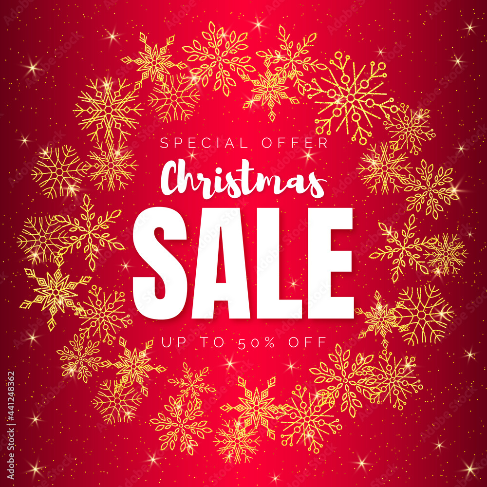 Red christmas discount banner with gold decoration