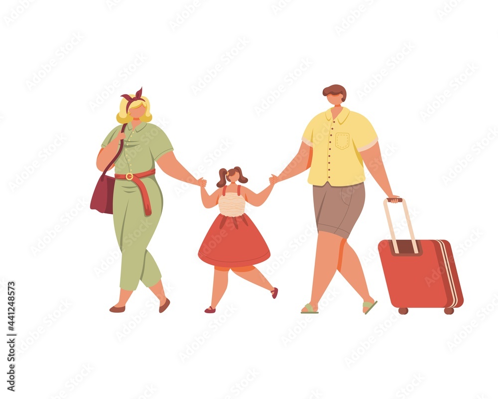 Happy parents and child going on summer vacation.