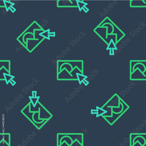 Line Photo retouching icon isolated seamless pattern on blue background. Photographer, photography, retouch icon. Vector