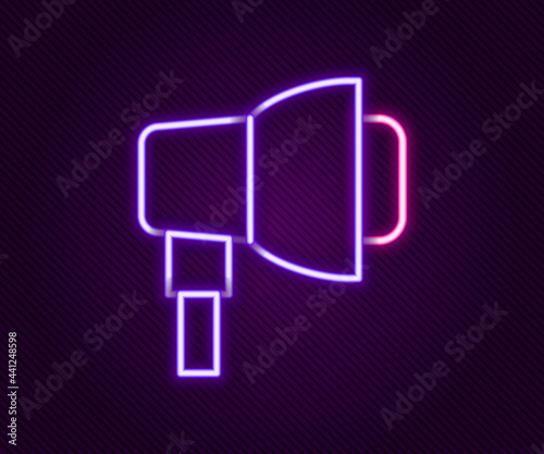 Glowing neon line Studio light bulb in softbox icon isolated on black background. Shadow reflection design. Colorful outline concept. Vector