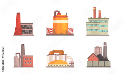Factory Buildings Set, Industrial Power, Nuclear Plants Vector Illustration