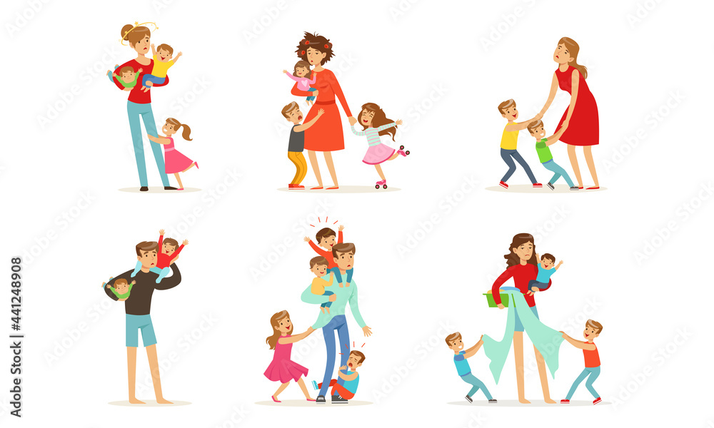 Set of Tired Parents with Naughty Children, Stressed Exhausted Mom and Dad with Playful Boys and Girls Cartoon Vector Illustration