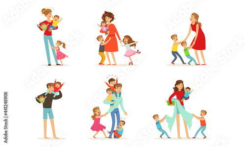 Set of Tired Parents with Naughty Children, Stressed Exhausted Mom and Dad with Playful Boys and Girls Cartoon Vector Illustration