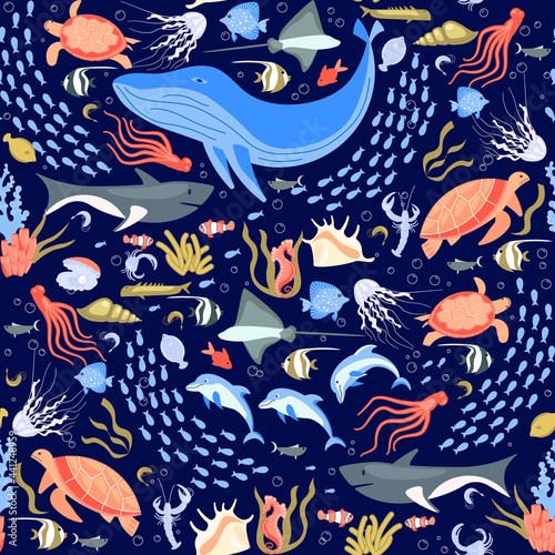 Seamless pattern with underwater life elements and tropical animals
