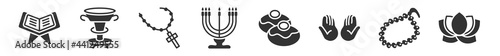 filled set of religion icons. glyph vector icons such as reading quran, laver of washing, rosary, big menorah, sufganiyah, lotus. vector illustration.