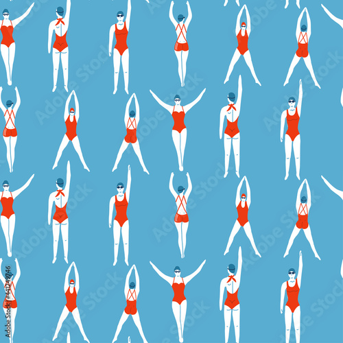 Female Swimmers in the pool seamless pattern. Sportive vector people in swimwear and gogles. Healthy lifestyle. Swimming athletes in the water. Flat vector illustratoin.