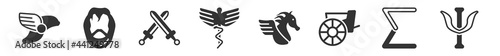 filled set of greece icons. glyph vector icons such as hermes, aristotle, xifos, caduceus, pegasus, psi. vector illustration.
