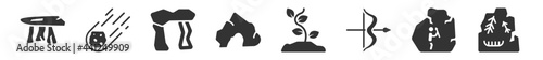filled set of stone age icons. glyph vector icons such as dolmen, meteorite, stonehenge, cave, plant, rock art. vector illustration.