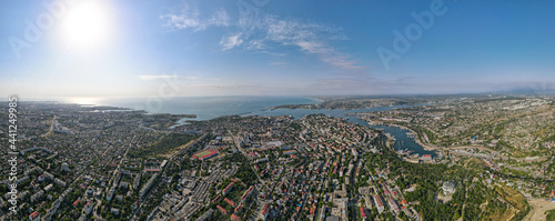 bird's eye view of the city bay. Shore.