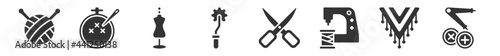 filled set of sew icons. glyph vector icons such as knitting neddles, embroidery, mannequin, overstitch, sewing scissors, sewing craft. vector illustration.