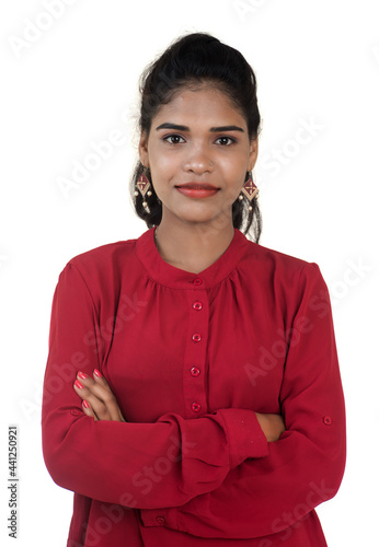 Beautiful Indian traditional girl posing on white background.