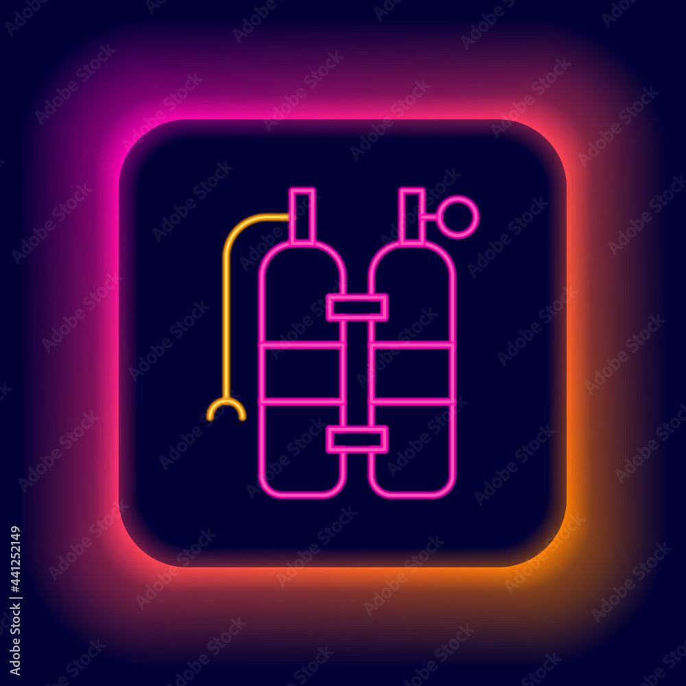 Glowing neon line Aqualung icon isolated on black background. Oxygen tank for diver. Diving equipment. Extreme sport. Sport equipment. Colorful outline concept. Vector Glowing neon line Aqualung icon isolated on black background. Oxygen tank for diver. Diving equipment. Extreme sport. Sport equipment. Colorful outline concept. Vector