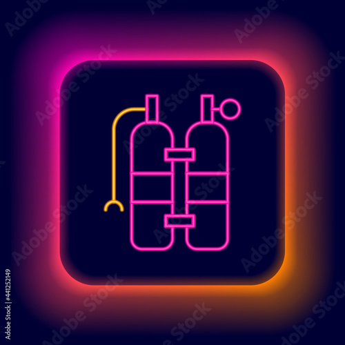 Glowing neon line Aqualung icon isolated on black background. Oxygen tank for diver. Diving equipment. Extreme sport. Sport equipment. Colorful outline concept. Vector