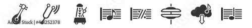 filled set of music and media icons. glyph vector icons such as mandolin, diapason, metronome, crotchet, simile, quarter note. vector illustration.