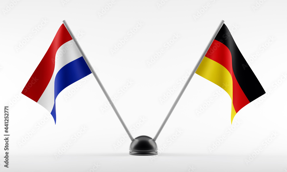 Stand with two national flags. Flags of Netherlands and Germany. Isolated on a white background. 3d rendering Stand with two national flags. Flags of Netherlands and Germany. Isolated on a white background. 3d rendering
