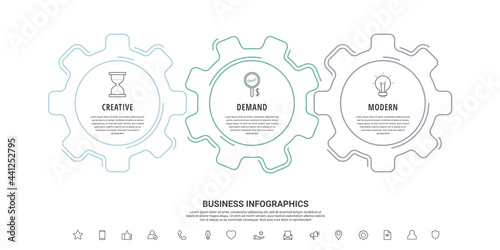 Line infographic gears with 3 steps. Vector timeline with cogwheels for business concept and chart