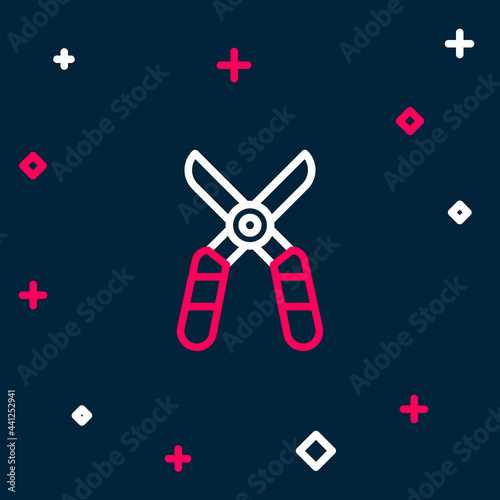 Line Gardening handmade scissors for trimming icon isolated on blue background. Pruning shears with wooden handles. Colorful outline concept. Vector