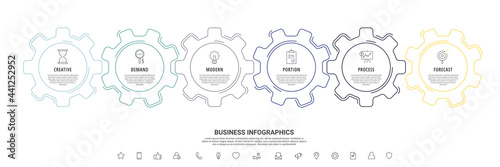 Line infographic gears with six steps. Vector timeline with cogwheels for business concept and chart