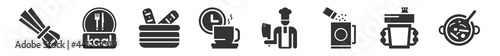 filled set of food icons. glyph vector icons such as chives, calories, french bread, time to have a break, butcher, snow fungus soup. vector illustration.