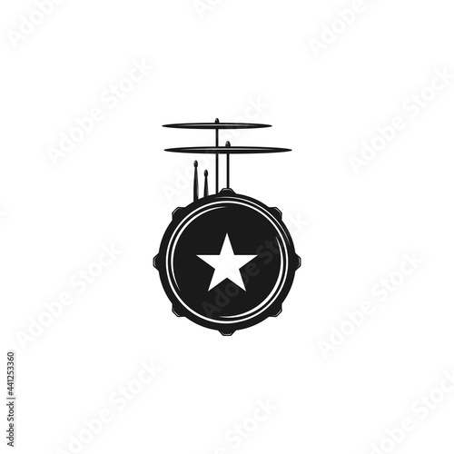 Vector logo of rock school or rock band. Snare drum with drumsticks and cymbals.
