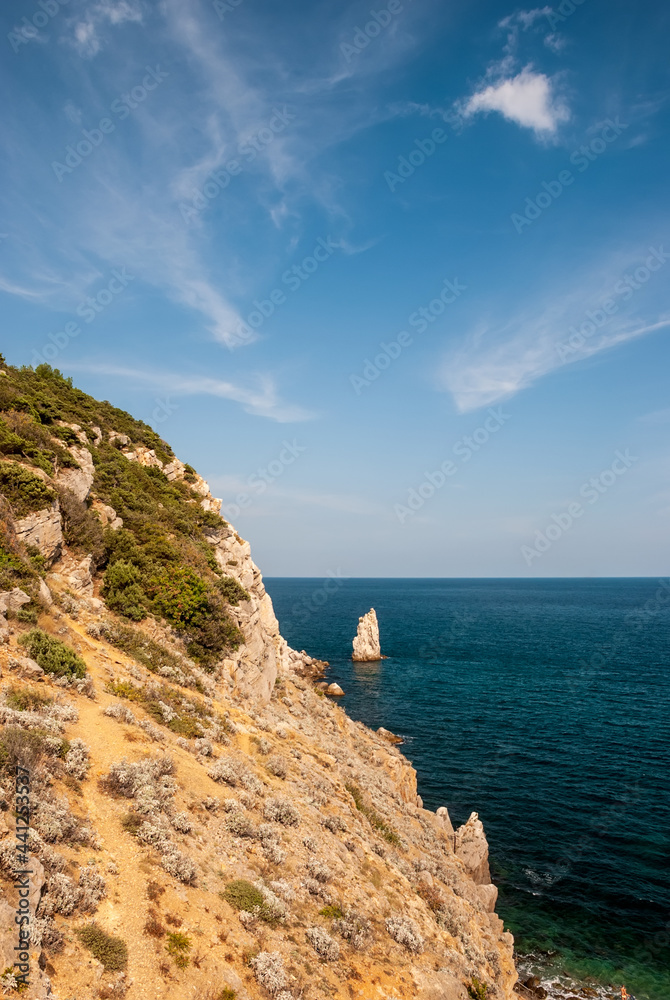 Beautiful seascape of the Crimean peninsula. Black sea from the mountain on a sunny day.