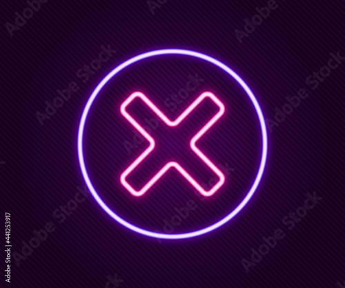 Glowing neon line X Mark, Cross in circle icon isolated on black background. Check cross mark icon. Colorful outline concept. Vector