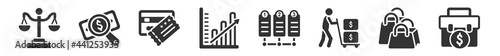 filled set of business icons. glyph vector icons such as scale in balance, dollar business search, cit card and ticket, column chart, numbe information, dollars suitcase for business. vector