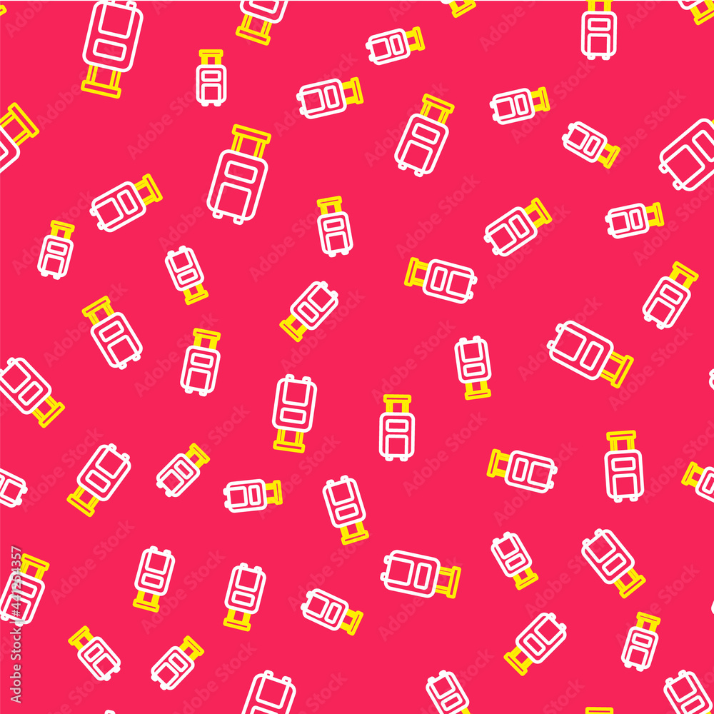 Line Suitcase for travel icon isolated seamless pattern on red background. Traveling baggage sign. Travel luggage icon. Vector Line Suitcase for travel icon isolated seamless pattern on red background. Traveling baggage sign. Travel luggage icon. Vector