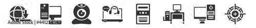 filled set of computer icons. glyph vector icons such as download from the net, computer set, webcamera, online support, pc tower, calibrate. vector illustration.