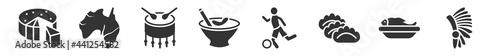 filled set of culture icons. glyph vector icons such as goat cheese, australian continent, native american drum, crema catalana, brazil soccer player, indian headdress. vector illustration.