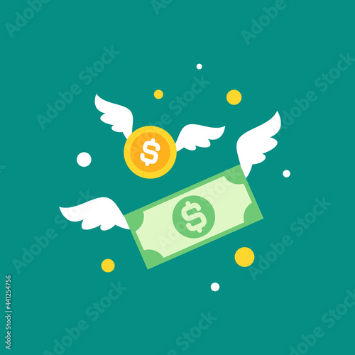 Gold dollar coins and banknotes with wings. Flat blue background. Flying money.