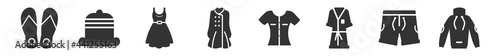 filled set of clothes icons. glyph vector icons such as sandals, bowler, dress, trench coat, blouse, sweater. vector illustration.
