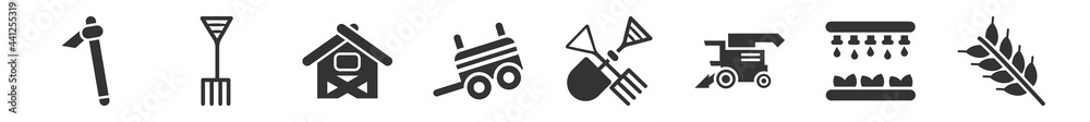 filled set of agriculture farming icons. glyph vector icons such as hoe, pitchfork, shed, farm trailer, farm tools, cereals. vector illustration. - obrazy, fototapety, plakaty 