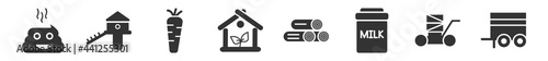 filled set of agriculture farming icons. glyph vector icons such as poo, chicken coop, carrots, house, wood logs, trailer. vector illustration.