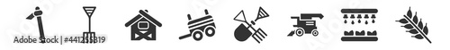 filled set of agriculture farming icons. glyph vector icons such as hoe, pitchfork, shed, farm trailer, farm tools, cereals. vector illustration.