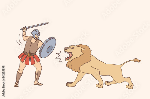 Gladiator with lion fight concept. Young man gladiator cartoon character in special uniform standing and fighting with lion during show vector illustration 