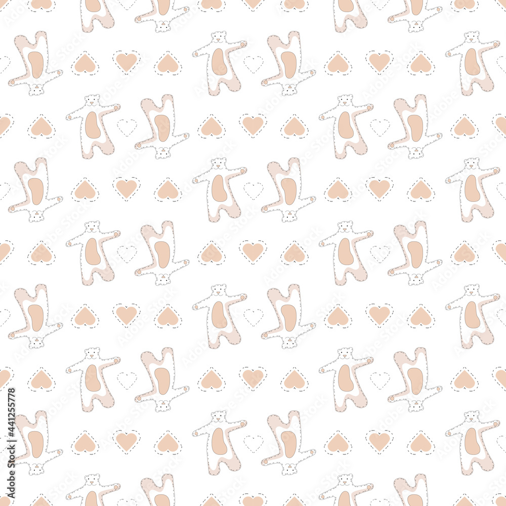 Vector illustration of a cute pink bear cub with a heart. Seamless pattern. Perfect for banners, party invitations, fabrics, packaging. EPS10 Vector illustration of a cute pink bear cub with a heart. Seamless pattern. Perfect for banners, party invitations, fabrics, packaging. EPS10